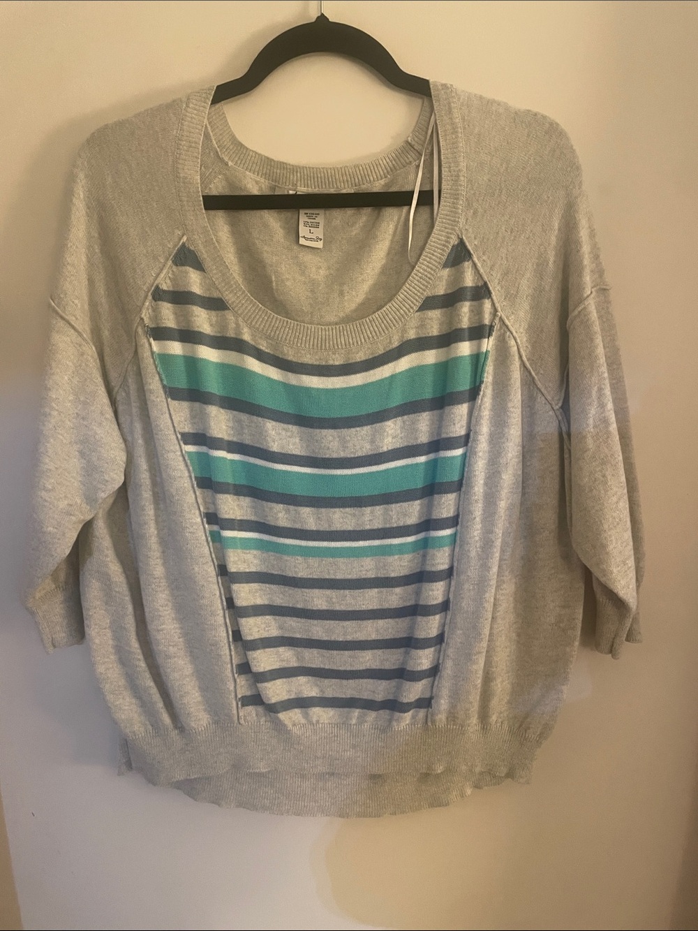 Light Gray Striped Front Panel Women’s Sweater - Turquoise & Blue